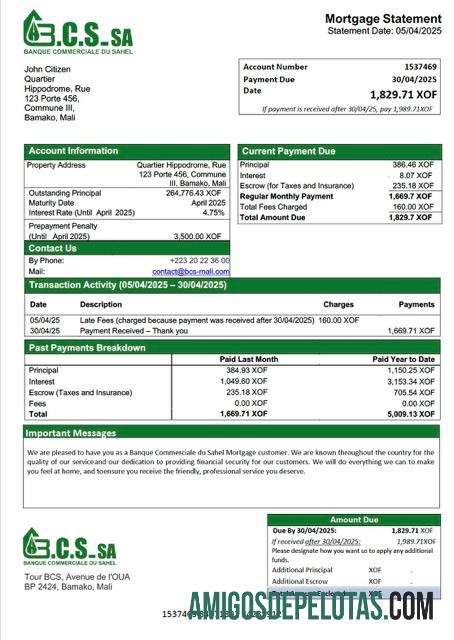 em branco Modelo Word e PDF de declaração de hipoteca do Mali Banque Commerciale Du Sahel (BCS)
